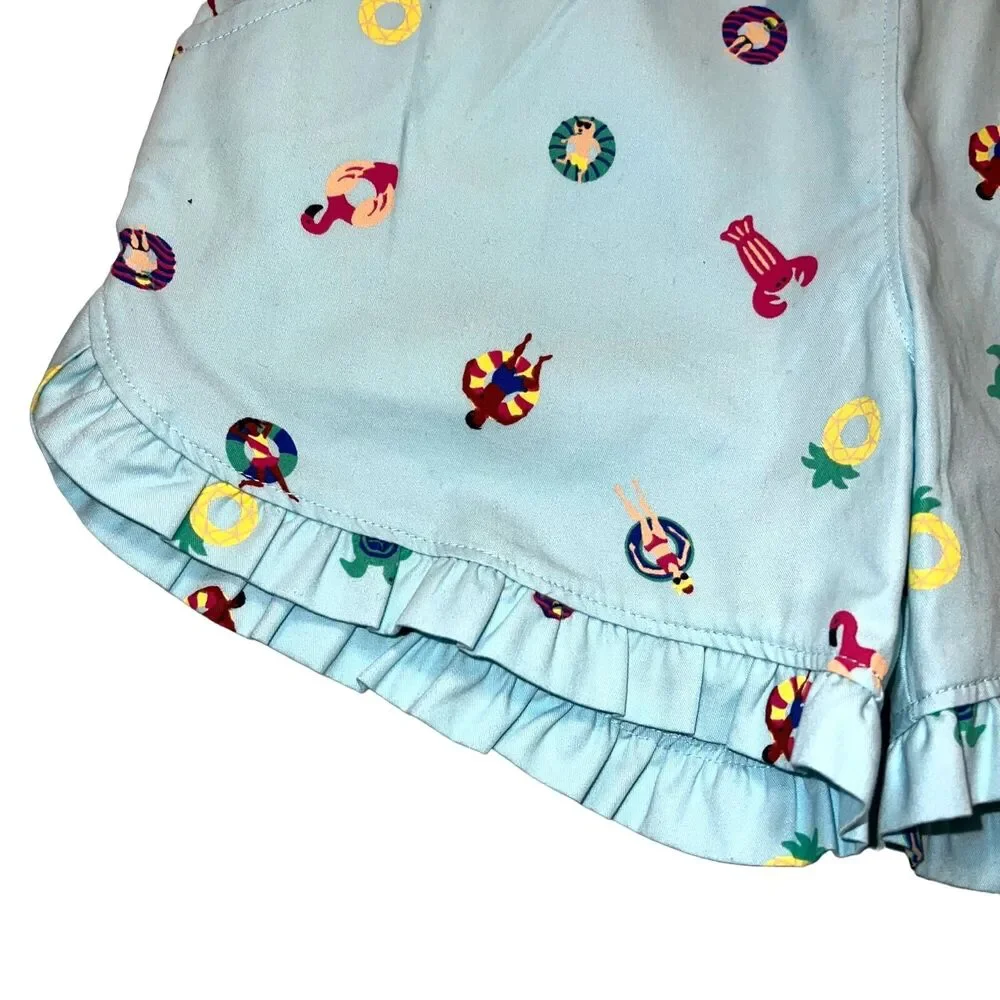 Lands End Girls Swim Shorts Beach Print Cotton Summer Light Blue Medium